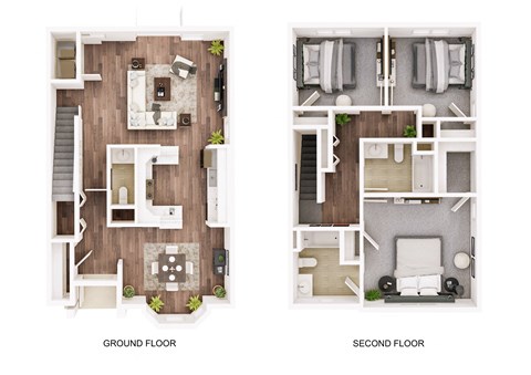 a floor plan of three bedrooms with two bathrooms and two closets at The Elm at Island Creek Village, Duxbury, MA